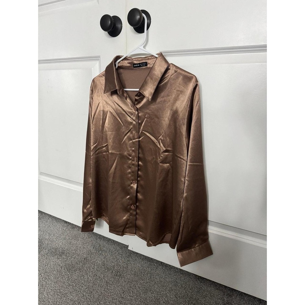 SHEIN Bronze Brown Satin Silk Like Button Up Blouse Long Sleeve Shirt Size M